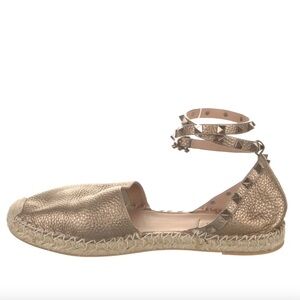 Valentino Gold Metallic Rockstud Accents Ankle-Wrap Espadrille